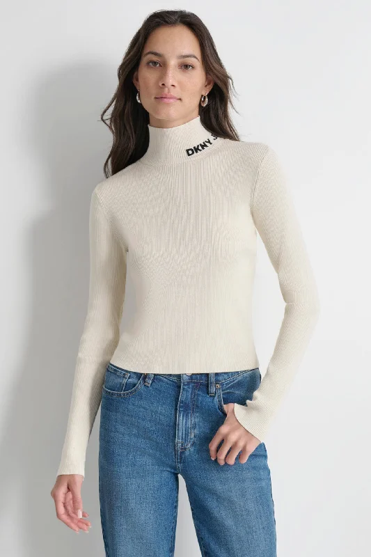 Asymmetrical Knit TopsRIB LOGO MOCK NECK