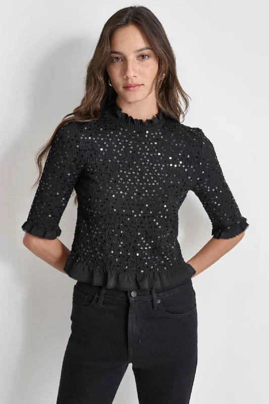 Layered Knit TopsSMOCKED SEQUIN TOP