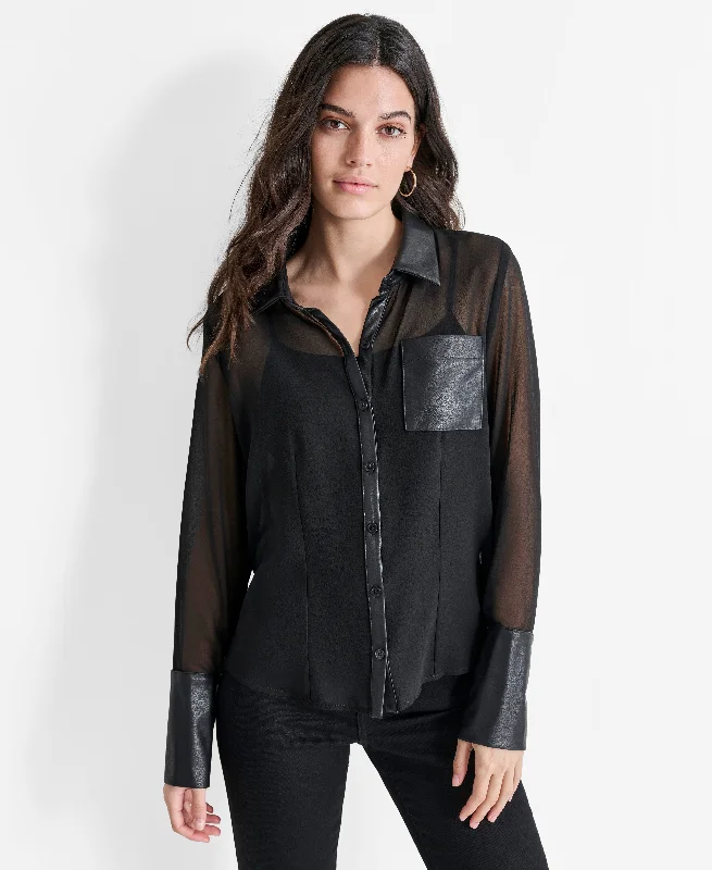 Artist Knit TopsBUTTON FRONT SHIRT WITH FAUX LEATHER COLLAR