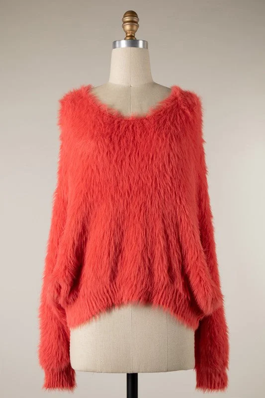 Leather-Paneled Knit TopsEyelash Fuzzy Sweater