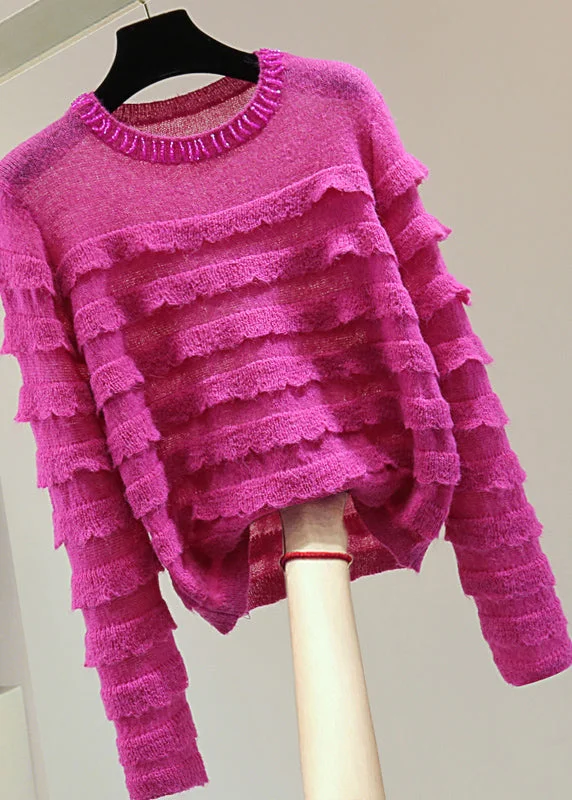 Retro Knit TopsFashion Rose Ruffled Patchwork Nail Bead Cotton Knit Sweater Winter