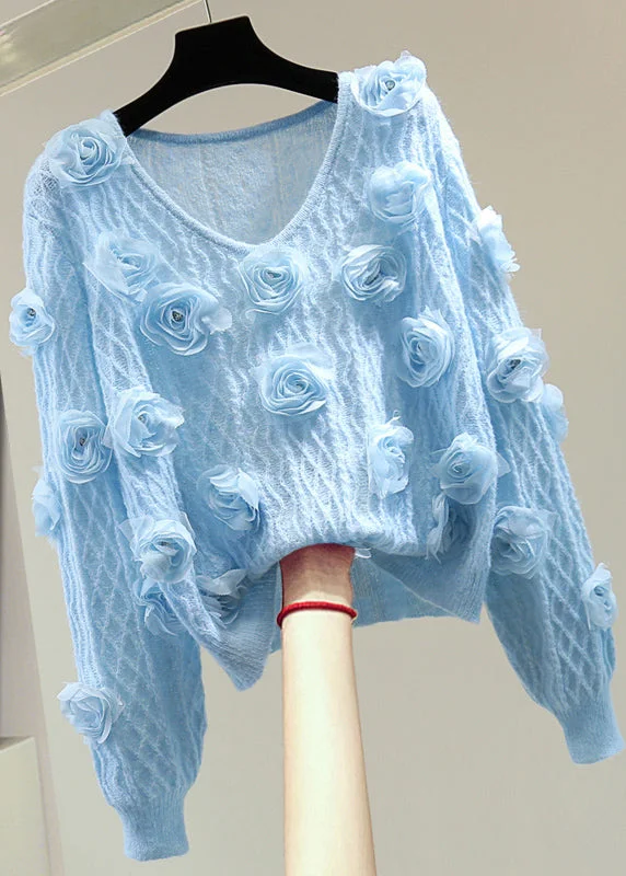 Hiking Knit TopsFrench Blue O-Neck Floral Zircon Cotton Knit Sweater Winter