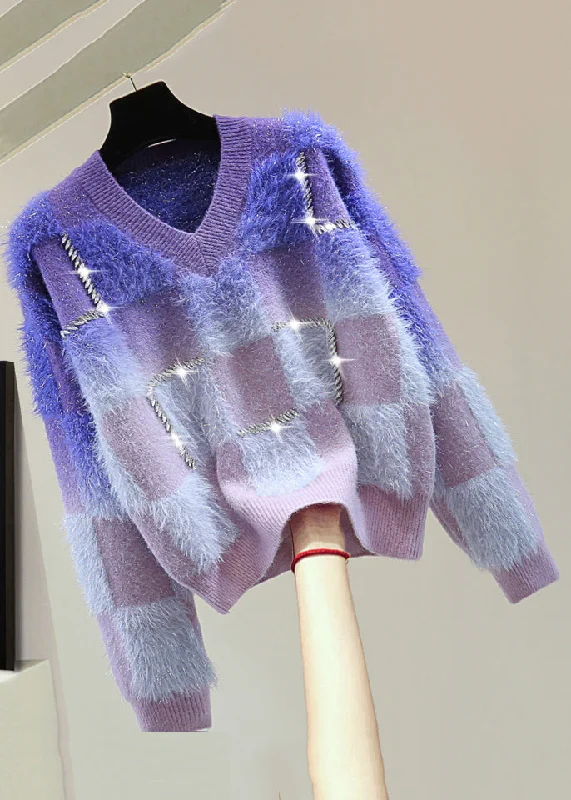 Luxury Knit TopsGradient Color Blue O-Neck Zircon Ma Hai Mao Cotton Knit Sweater Tops Winter