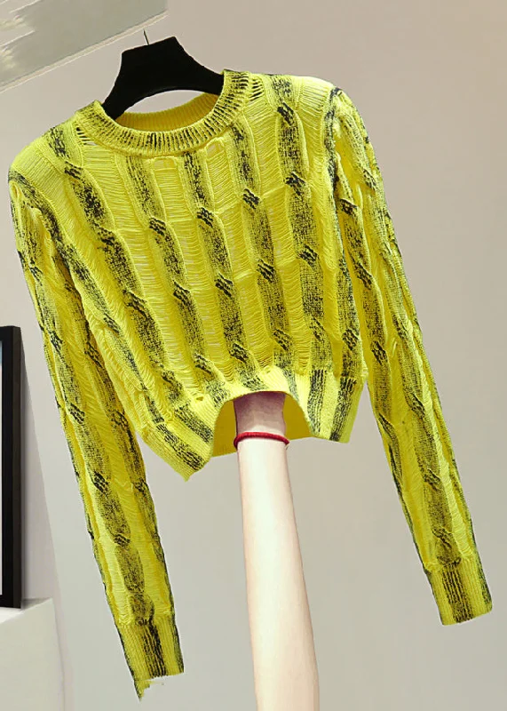 Athletic Knit TopsHandmade Yellow O-Neck Striped Patchwork Knit Sweater Spring