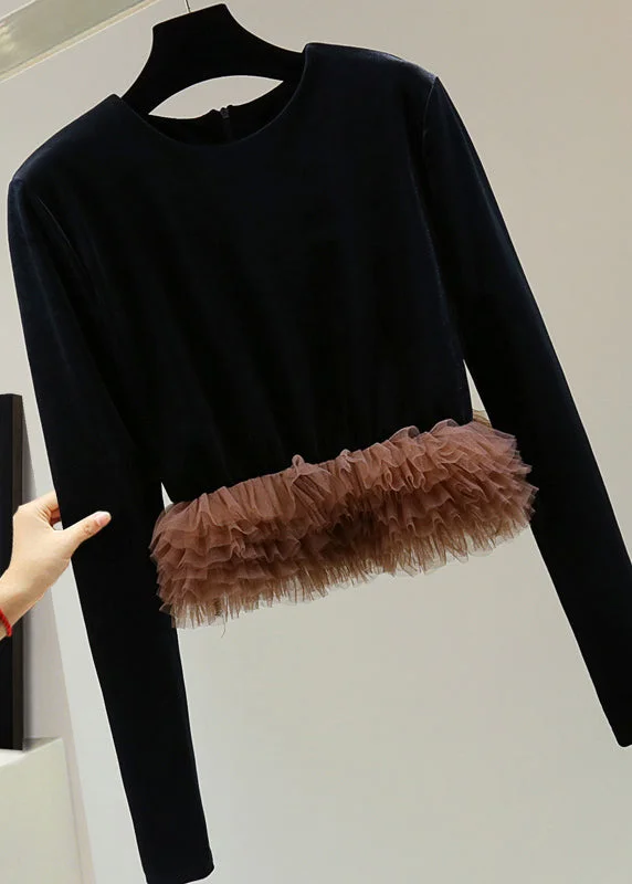 Limited Edition Knit TopsModern Coffee O-Neck Tulle Patchwork Silk Velvet Sweater Winter