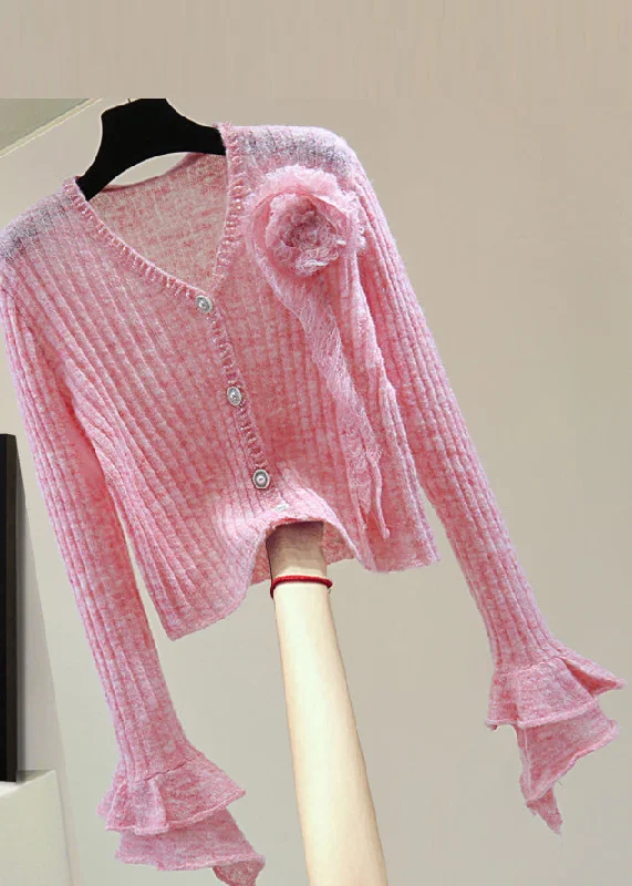 Outdoor Knit TopsNovelty Pink Ruffled Floral Nail Bead Cotton Knit Sweater Spring