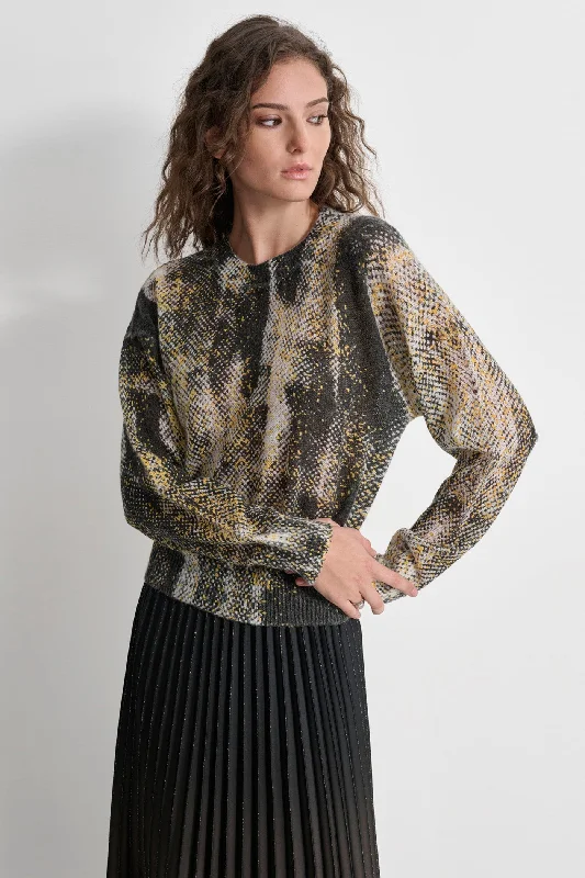 Leather-Paneled Knit TopsBRUSHED PRINTED SWEATER