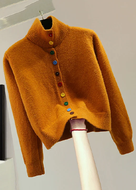 Hooded Knit TopsStylish Orange Stand Collar Patchwork Cotton Knit Sweaters Winter