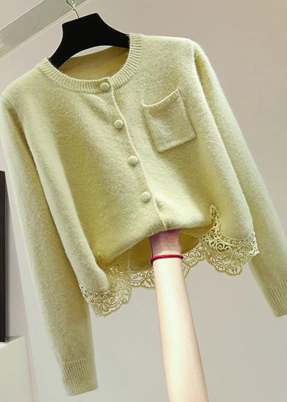 Sequined Knit TopsWomen Light Green O-Neck Lace Patchwork Cotton Knit Sweaters Winter