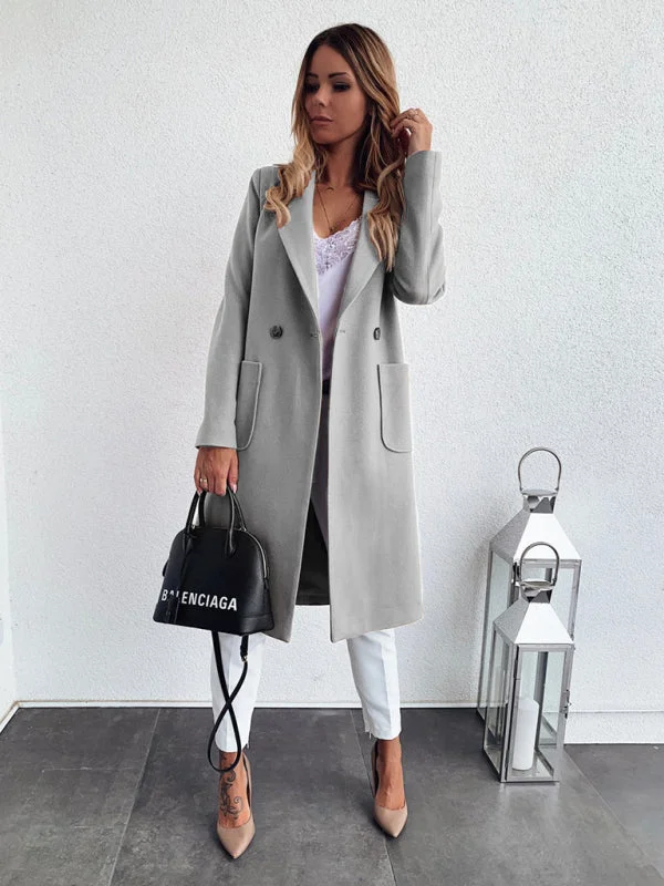 Solid Woolen Double Breasted Pea Coat - Trench Coat